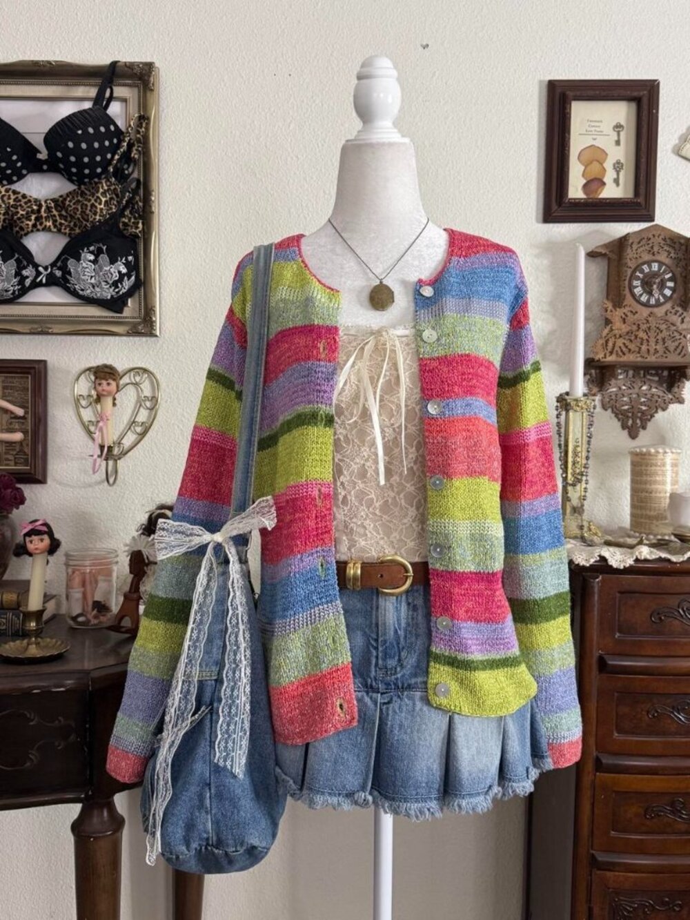 Vintage 90’s whimsical twee quirky patchwork multicolored rainbow striped cardig